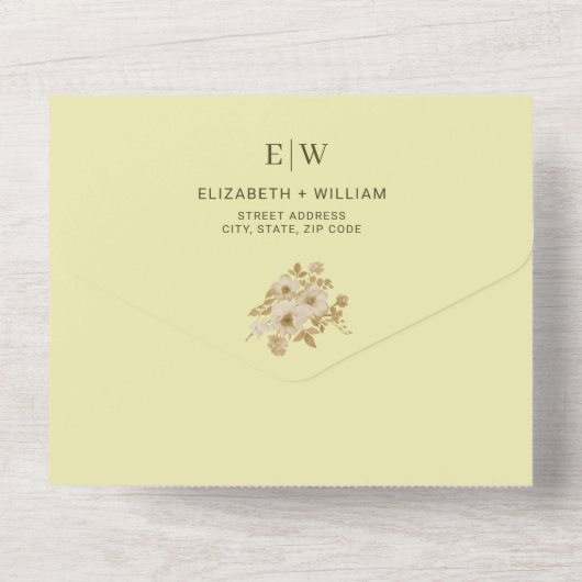 Rose Frame – Monogramm Himmelsgelb Hochzeit All In One Einladung (Rückseite)