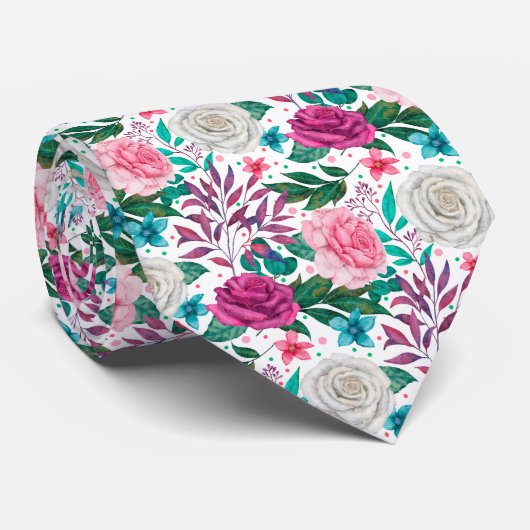 Rose Fuchsia Weißrosa Aquamarin Krawatte (Gerollt)