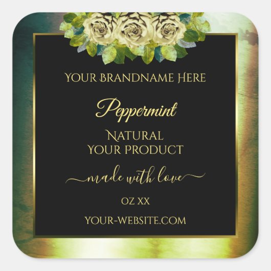 Rose für das Aquamarine blaue Marmorschwarz-Etiket Quadratischer Aufkleber (Vorderseite)