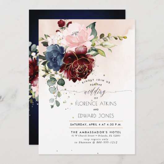 Rose für die Wasserfarbe des Burgund-Marine Einladung (Vorne/Hinten)