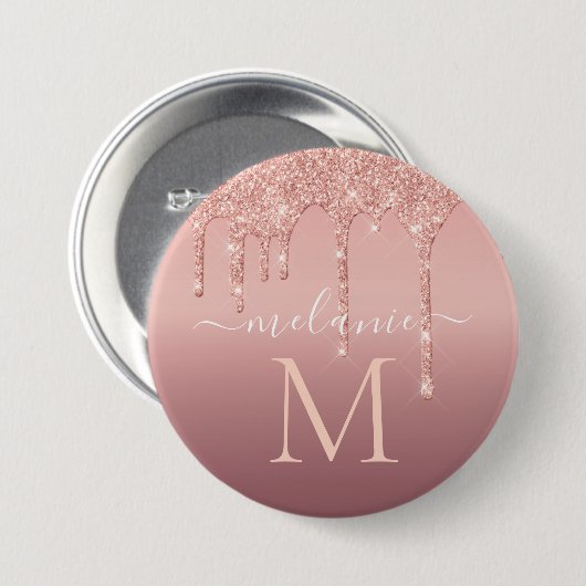 Rose für Monogramm Name Text Gold Blush Glitzer Button (Vorne & Hinten)