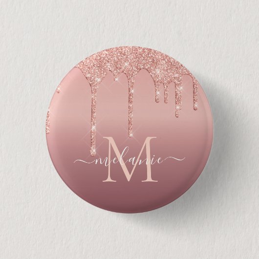 Rose für Monogramm Name Text Gold Blush Glitzer Button (Vorderseite)