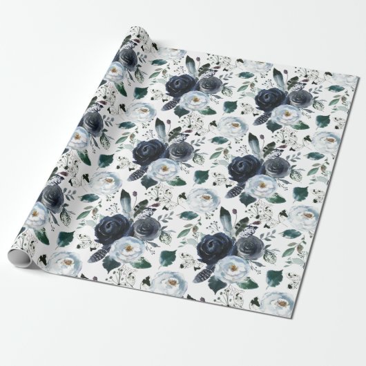 Rose für Navy und Blue Watercolor Geschenkpapier (Ungerollt)