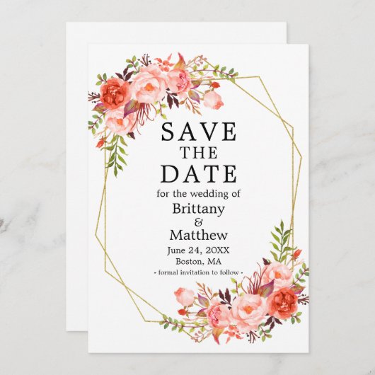 Rose für Wasserfarben - Goldrahmen Save The Date (Vorne/Hinten)