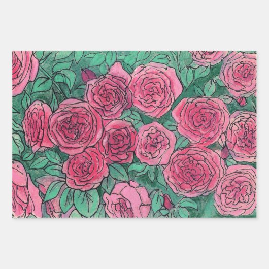 Rose Garden Blume Blumenkizze Rosa Grün Geschenkpapier Set (Vorderseite)