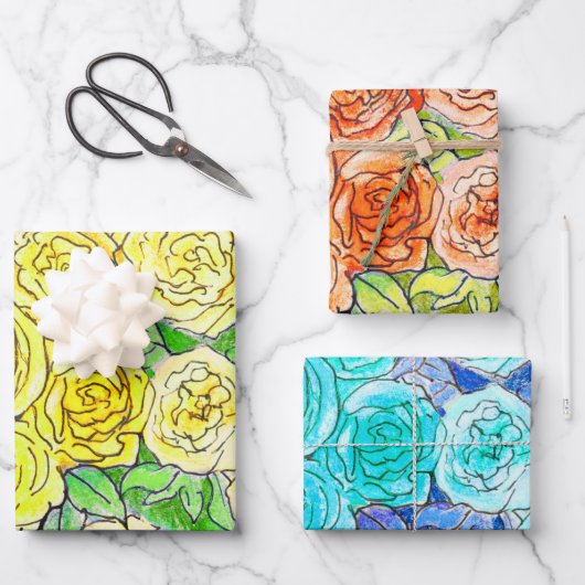 Rose Garden Blume Blumenstrauß Rotes Blau Geschenkpapier Set (Vorderseite)