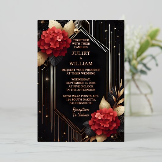 Rose Garden Diamond Black and Gold Hochzeit Folieneinladung (Stehend vorne)