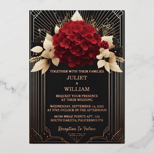 Rose Garden Diamond Red Black and Gold Wedding Folieneinladung (Vorderseite)