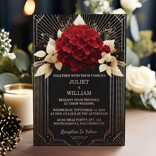Rose Garden Diamond Red Black and Gold Wedding Folieneinladung