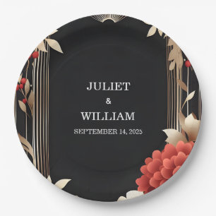 Rose Garden Diamond Red Black and Gold Wedding Pappteller