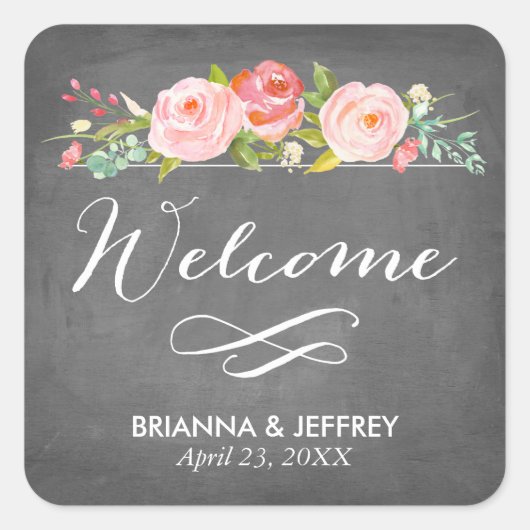 Rose Garden Floral Gastgeschenk Hochzeit Labels Sq Quadratischer Aufkleber (Vorderseite)