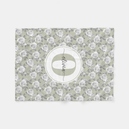 Rose Garden Monogram Sage Green Fleecedecke (Vorderseite (Horizontal))