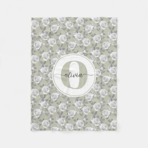 Rose Garden Monogram Sage Green Fleecedecke