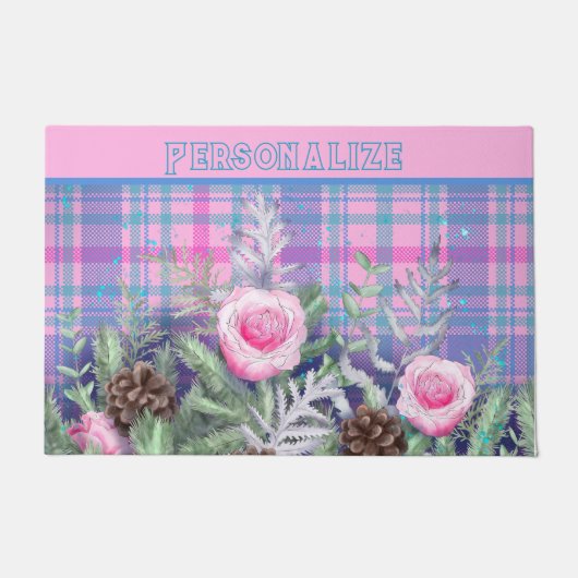 Rose Garden Pine Cones Rosa Kariert Fußmatte (Vorderseite)