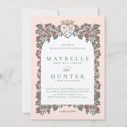 Rose Garden Royal Crown Mongram Herz Einladung (Vorderseite)