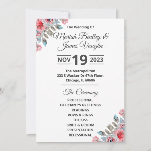 Rose Garden Wedding Program Wide Einladung (Vorderseite)