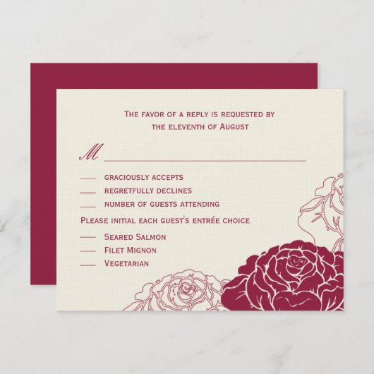 Rose Garden Wedding RSVP Card - Rich Red (Vorne/Hinten)