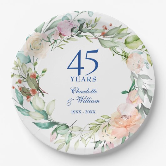 Rose Garland 45. 65. Hochzeitstag Pappteller (Vorderseite)