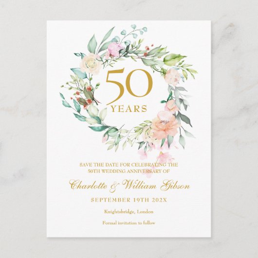 Rose Garland 50 Jahre Jubiläum Save the Date Ankündigungspostkarte (Vorderseite)