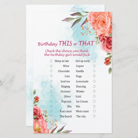 Rose Geburtstag dieses oder jenes Spiel (Vorne/Hinten)