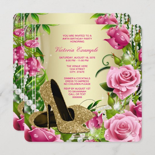 Rose Geburtstagsparty Einladung (Vorne/Hinten)