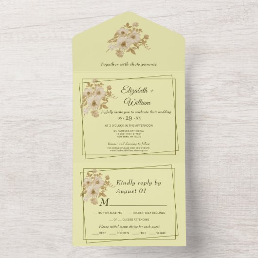 Rose - Gelbe Hochzeit All In One Einladung (Innen Boden)