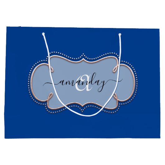 Rose Gerahmt Royal Monogram Name Blue Große Geschenktüte (Rückseite)