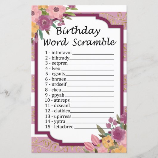 Rose gestreift Geburtstag Word Scramble Game (Vorderseite)
