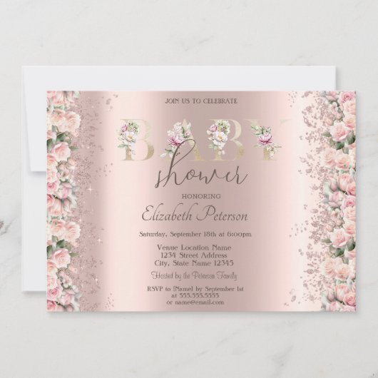 Rose Glitzer Confetti Rose Gold Baby Dusche Einladung (Vorderseite)
