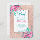 Rose Glitzer florale Aquarell Bat Mitzvah Einladung (Vorderseite)