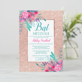 Rose Glitzer florale Aquarell Bat Mitzvah Einladung (Stehend Vorderseite)