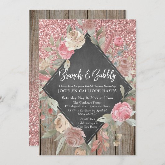 Rose Glitzer Holzbläserchor-Brunch Bubbly Einladung (Vorne/Hinten)