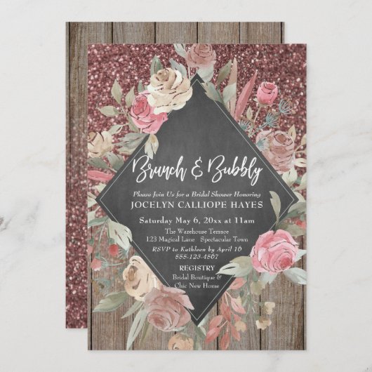 Rose Glitzer Holzflorenholzbrett Brunch Bubble Einladung (Vorne/Hinten)