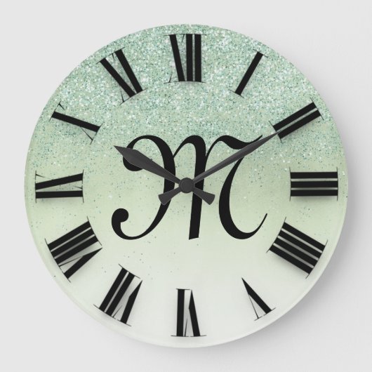 Rose Glitzer Monogramme römische Nummern Große Wanduhr (Vorderseite)