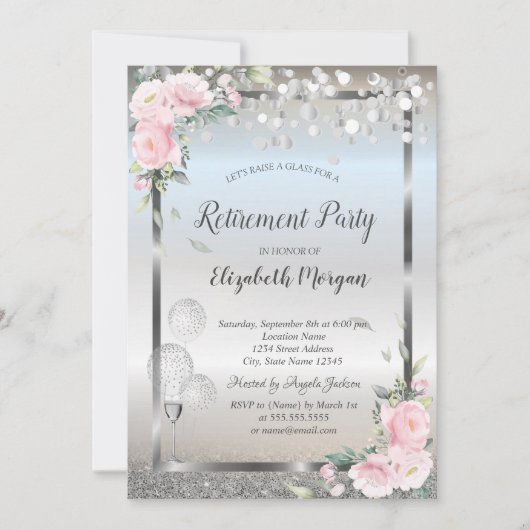 Rose Glitzer Ruhestand Einladung (Vorderseite)