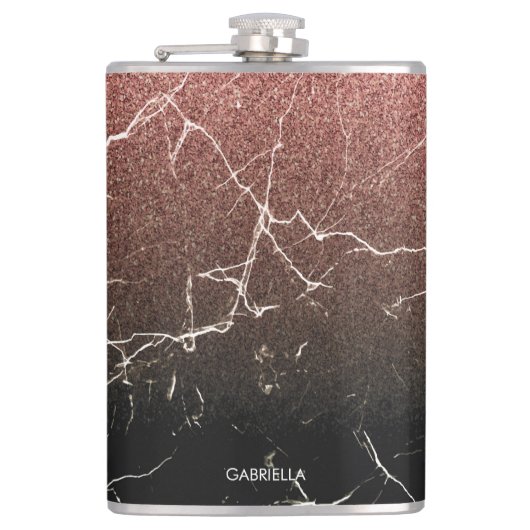 Rose Glitzer Schwarzer Marmor Flachmann (Vorderseite)