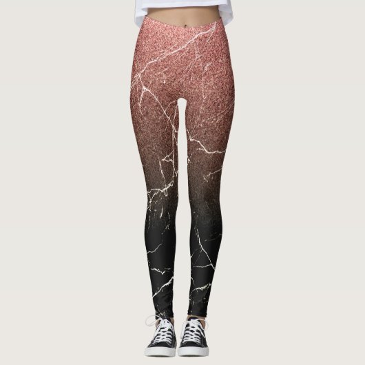Rose Glitzer Schwarzer Marmor Leggings (Vorderseite)