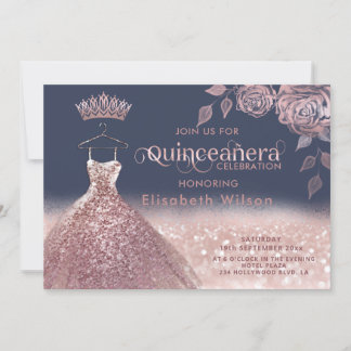 Rose Glitzer Sequenzen Rose Gold Kleid Quinceañera Einladung