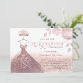 Rose Glitzer Sequenzen Rose Gold Kleid Quinceañera Einladung (Stehend Vorderseite)