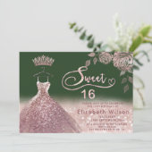 Rose Glitzer Sequenzen Rose Goldkleid grün Einladung (Stehend Vorderseite)