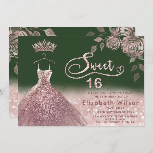 Rose Glitzer Sequenzen Rose Goldkleid grün Einladung (Vorne/Hinten)