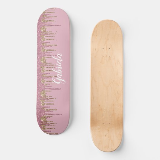 Rose Glitzer Skateboard mit Namen (Vorderseite)