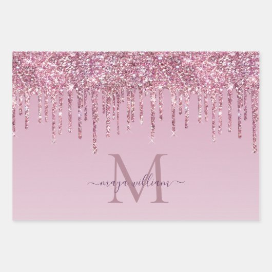 Rose Glitzer Tropfen Personalisiert Monogramm und Geschenkpapier Set (Vorderseite 2)