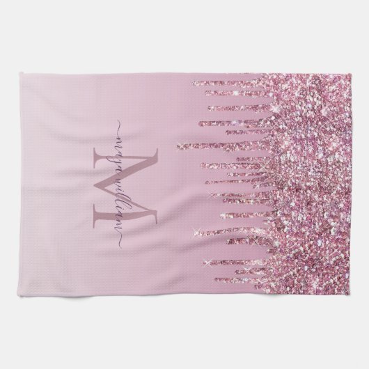 Rose Glitzer Tropfen Personalisiert Monogramm und Geschirrtuch (Horizontal)