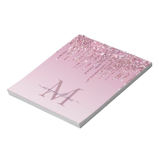 Rose Glitzer Tropfen Personalisiert Monogramm und  Notizblock (Rotiert)
