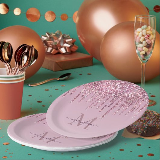 Rose Glitzer Tropfen Personalisiert Monogramm und Pappteller (Multi)