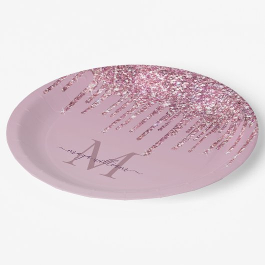 Rose Glitzer Tropfen Personalisiert Monogramm und Pappteller (Schrägansicht)