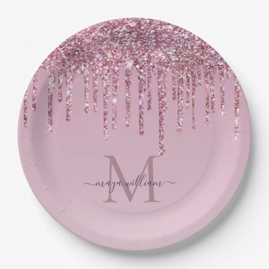 Rose Glitzer Tropfen Personalisiert Monogramm und Pappteller (Vorderseite)