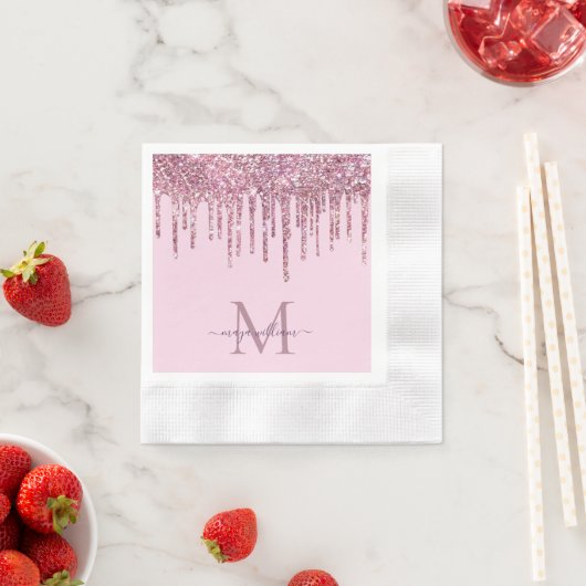 Rose Glitzer Tropfen Personalisiert Monogramm und Serviette (Beispiel)
