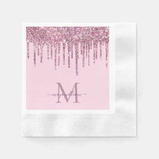 Rose Glitzer Tropfen Personalisiert Monogramm und Serviette (Vorderseite)